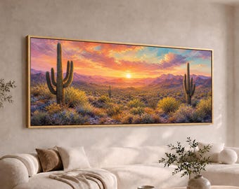 Southwestern Desert Sunset Panoramic Canvas Wall Art | Wide Large Long Saguaro Cactus Mountain Landscape | Arizona Decor