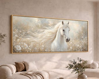 White Horse in Wildflower Meadow Panoramic Canvas Wall Art | Wide Large Long Elegant Horse Painting | Neutral Decor
