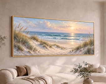 Beach Dunes Panoramic Canvas Wall Art | Ocean Sunrise & Sea Oats Painting | Large Wide Coastal Beach House Decor