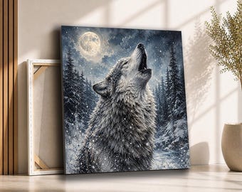Howling Wolf Moon Canvas Wall Art | Snowy Forest Wildlife Painting | Rustic Lodge Decor for Cabin Living Room