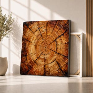 May include: A square canvas print featuring a high-resolution image of a tree trunk cross-section. The artwork displays detailed brown and golden wood grain patterns, concentric growth rings, and deep radial cracks radiating from the center.
