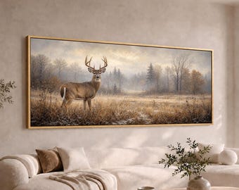 Whitetail Buck in Snowy Meadow Panoramic Canvas Wall Art | Large Wide Long Deer Winter Landscape Decor