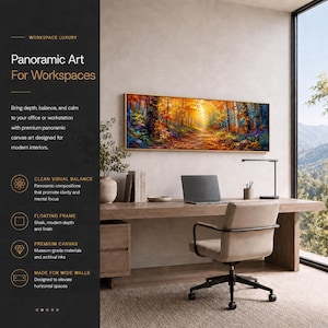 May include: A panoramic canvas art piece featuring a vibrant autumn forest scene with golden sunlight filtering through trees, mounted in a thin frame above a wooden desk with a laptop, a desk lamp, and a beige office chair in a workspace.
