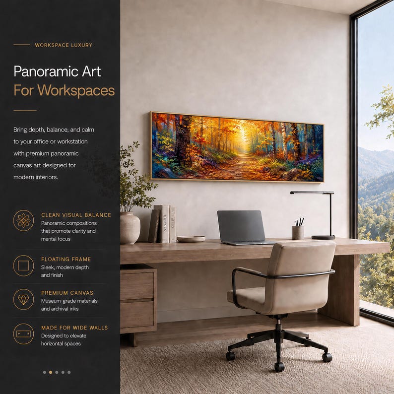 May include: A panoramic canvas art piece featuring a vibrant autumn forest scene with golden sunlight filtering through trees, mounted in a thin frame above a wooden desk with a laptop, a desk lamp, and a beige office chair in a workspace.
