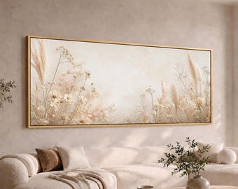 Neutral Dried Wildflower Canvas Wall Art | Wide Panoramic Beige Botanical Meadow | Large Long Minimalist Floral Decor