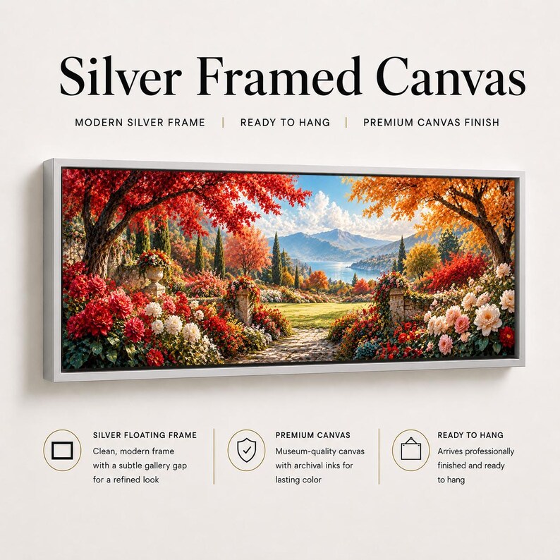 Colorful Garden by Mountain Lake Panoramic Canvas Wall Art | Wide Large ...