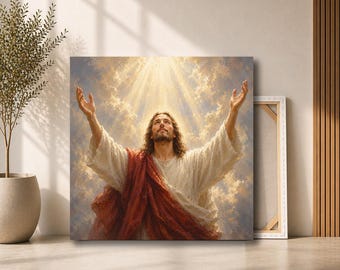 Jesus Ascending to Heaven Canvas Wall Art | Christ with Arms Raised in Heavenly Light | Christian Faith Decor