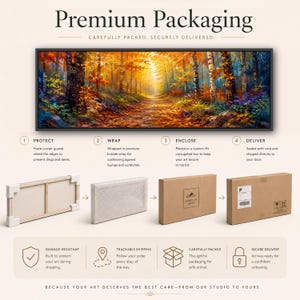 May include: A panoramic framed landscape painting of an autumn forest with golden sunlight, shown with its packaging process: foam corner guards, bubble wrap, a custom-fit cardboard box, and a sealed shipping carton with labels and icons.