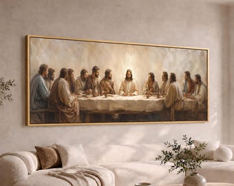 Last Supper Panoramic Canvas Wall Art | Jesus and Disciples Wide Large Long Christian Dining Room Print | Faith Decor
