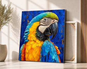 Blue and Yellow Macaw Canvas Wall Art | Bold Tropical Parrot Portrait | Colorful Bird Decor for Living Room