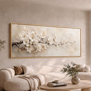 May include: A horizontal rectangular wall art piece featuring a textured oil painting of white cherry blossoms on a dark branch. The artwork is encased in a thin gold frame and displays layered, impasto-style white petals against a cream background.