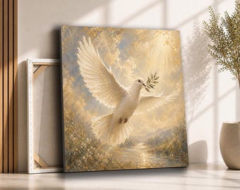 White Dove Canvas Wall Art | Peace Dove with Olive Branch Painting | Christian Faith Decor for Prayer Room