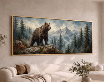 Mountain Bear on Rocky Cliff Canvas | Wide Large Panoramic Wildlife Wall Art | Long Rustic Lodge Forest Decor
