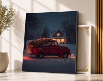 Red Christmas Truck Canvas Wall Art | Vintage Pickup with Tree at Night | Cozy Farmhouse Holiday Decor