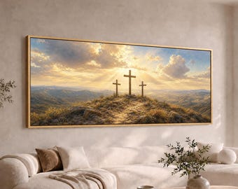 Three Crosses on Calvary Canvas Wall Art | Wide Panoramic Christian Painting | Large Long Jesus Crucifixion Faith Decor