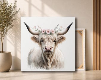 White Highland Cow with Flower Crown Canvas Wall Art | Neutral Farmhouse Cow Portrait | Soft Floral Nursery Decor