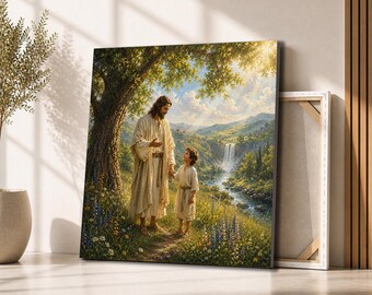 Jesus Walking with Child Canvas Wall Art | Christ Holding Boy Hand in Meadow | Christian Faith Decor for Prayer Room