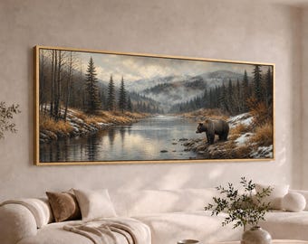 Grizzly Bear by Mountain River Panoramic Canvas Wall Art | Wide Forest Wildlife Painting | Large Long Rustic Lodge Decor