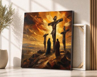 Jesus Crucifixion Canvas Wall Art | Three Crosses at Calvary Sunset | Christian Faith Decor for Prayer Room