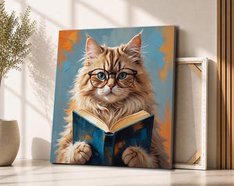 Cat Reading a Book Canvas Wall Art | Fluffy Cat with Glasses Painting | Cozy Library Pet Lover Decor