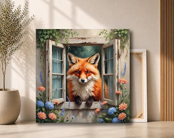 Fox Peeking Through Cottage Window Canvas Wall Art | Rustic Garden Animal Painting | Whimsical Woodland Decor
