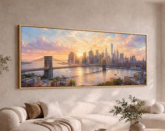 New York City Skyline Canvas Wall Art | Brooklyn Bridge Sunset | Large Wide Long Panoramic Manhattan Cityscape Decor