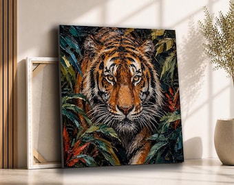 Tiger in Jungle Canvas Wall Art | Intense Big Cat Portrait with Tropical Leaves | Wildlife Decor for Lodge Living Room