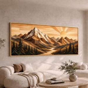 May include: A rectangular wall art piece featuring a landscape scene constructed from various wood tones. The image depicts a mountain range with a central peak, a sun with radiating beams, a winding river, and evergreen trees in the foreground.