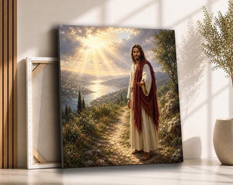 Jesus Reaching Out Canvas Wall Art | Christ on Mountain Path in Heavenly Light | Christian Faith Decor for Prayer Room