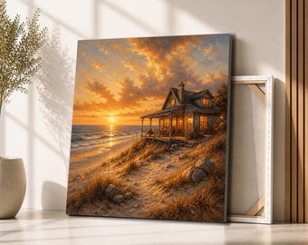 Beach Cottage Sunset Canvas Wall Art | Oceanfront Cabin by the Shore | Coastal Seascape Decor for Living Room