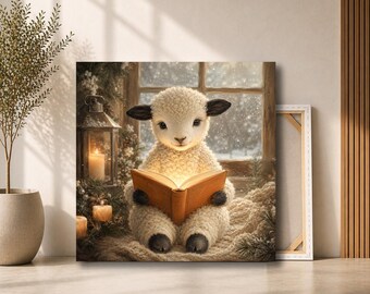 Lamb Reading Book Canvas Wall Art | Cozy Winter Sheep by Candlelight | Nursery Animal Decor for Kids Room
