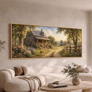 May include: A panoramic landscape painting in a thin gold frame depicting a rustic wooden farmhouse with a porch, surrounded by lush green trees, blooming pink flowers, and a dirt path. Several chickens roam the grassy yard near a wooden fence.