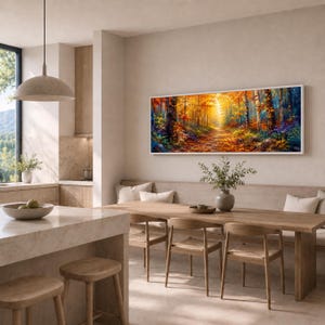 May include: A rectangular wall art print featuring a vibrant autumn forest scene with golden sunlight filtering through orange, yellow, and red trees. The painting depicts a path covered in fallen leaves, surrounded by dense foliage and tall tree trunks.