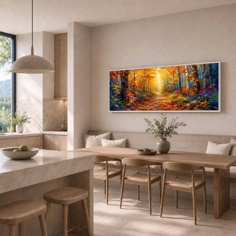May include: A rectangular wall art print featuring a vibrant autumn forest scene with golden sunlight filtering through orange, yellow, and red trees. The painting depicts a path covered in fallen leaves, surrounded by dense foliage and tall tree trunks.
