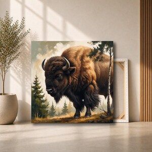 May include: Square canvas art featuring a detailed painting of a bison in a forest setting. The bison is depicted with brown fur, curved horns, and a dark face. The background includes evergreen trees and a hazy sky, creating a naturalistic scene.