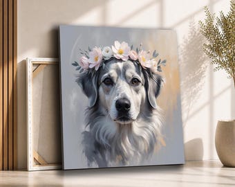 Dog with Flower Crown Canvas Wall Art | Soft Floral Pet Portrait Painting | Elegant Dog Lover Decor