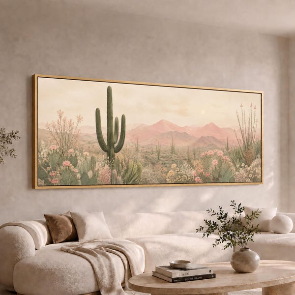Pastel Desert Cactus Panoramic Canvas Wall Art | Wide Southwest Mountain Painting | Large Long Boho Floral Decor