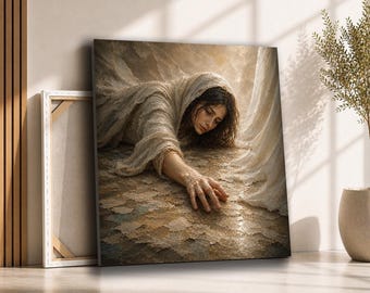 Woman Touching Jesus Robe Canvas Wall Art | Healing Faith Bible Story Painting | Christian Prayer Room Decor