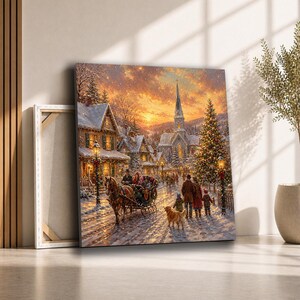 May include: A square canvas print depicting a snowy village scene at sunset. A horse-drawn carriage travels down a street lined with houses, a church with a steeple, and a decorated Christmas tree. People and a dog walk along the snow-covered path.