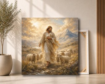 Jesus Good Shepherd Canvas Wall Art | Christ Holding Lamb in Mountain Meadow | Christian Faith Decor for Prayer Room