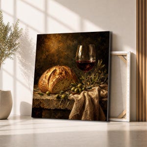 May include: A square canvas print depicting a still life scene with a crusty loaf of bread, a glass of red wine, and a small bowl of green olives. The composition features a textured, dark brown background and a draped beige cloth on a stone surface.