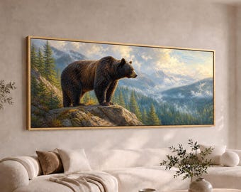 Brown Bear Mountain Panoramic Canvas Wall Art | Large Wide Wildlife Landscape | Long Rustic Lodge Decor