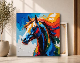 Colorful Horse Head Canvas Wall Art | Bold Abstract Horse Portrait Painting | Vibrant Equestrian Decor