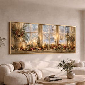 Christmas Window Canvas Wall Art | Wide Large Long Panoramic Candlelit Snowy Forest Painting | Elegant Holiday Decor