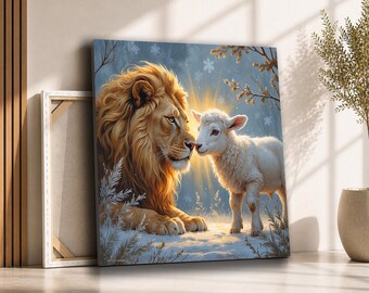 Lion and Lamb in Snow Canvas Wall Art | Peaceful Christian Wildlife Painting | Christmas Faith Decor