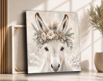 White Donkey Flower Crown Canvas Wall Art | Snowy Farm Animal Portrait | Soft Farmhouse Nursery Decor for Kids Room