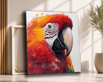 Red Macaw Canvas Wall Art | Close Up Tropical Parrot Portrait | Colorful Bird Decor for Living Room