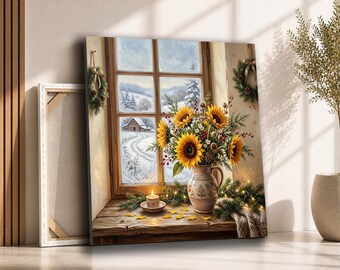 Sunflower Christmas Window Canvas Wall Art | Cozy Winter Bouquet Painting | Farmhouse Holiday Decor