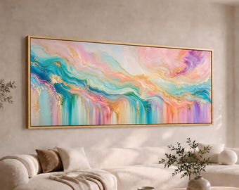 Pastel Abstract Waves Panoramic Canvas Wall Art | Large Wide Long Teal Pink Gold Modern Painting | Luxury Abstract Decor