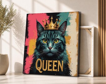 Queen Cat with Crown Canvas Wall Art | Bold Colorful Royal Cat Portrait | Fun Modern Pet Decor